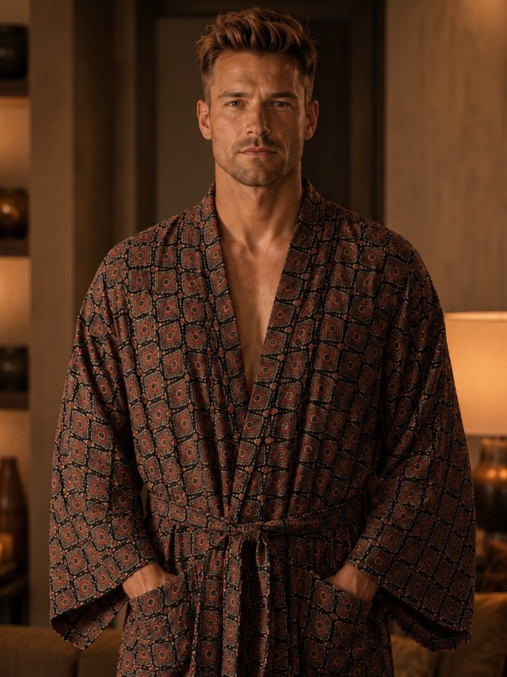 Andaloro Black Gold Red Green Silk Men’s Robe One Size Geometric Print